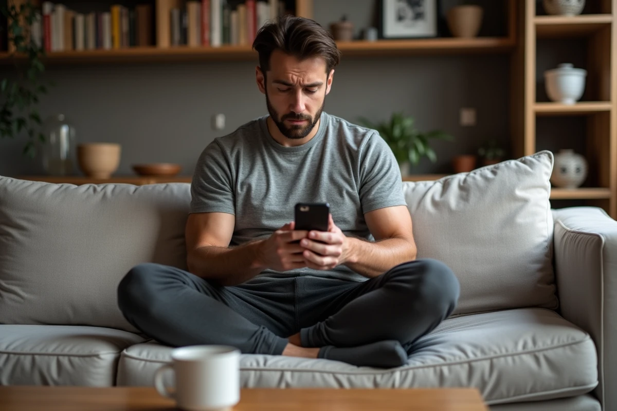Abonné désengagé faisant défiler son téléphone avec ennui, symbolisant la perte d'abonnés due aux erreurs de contenu