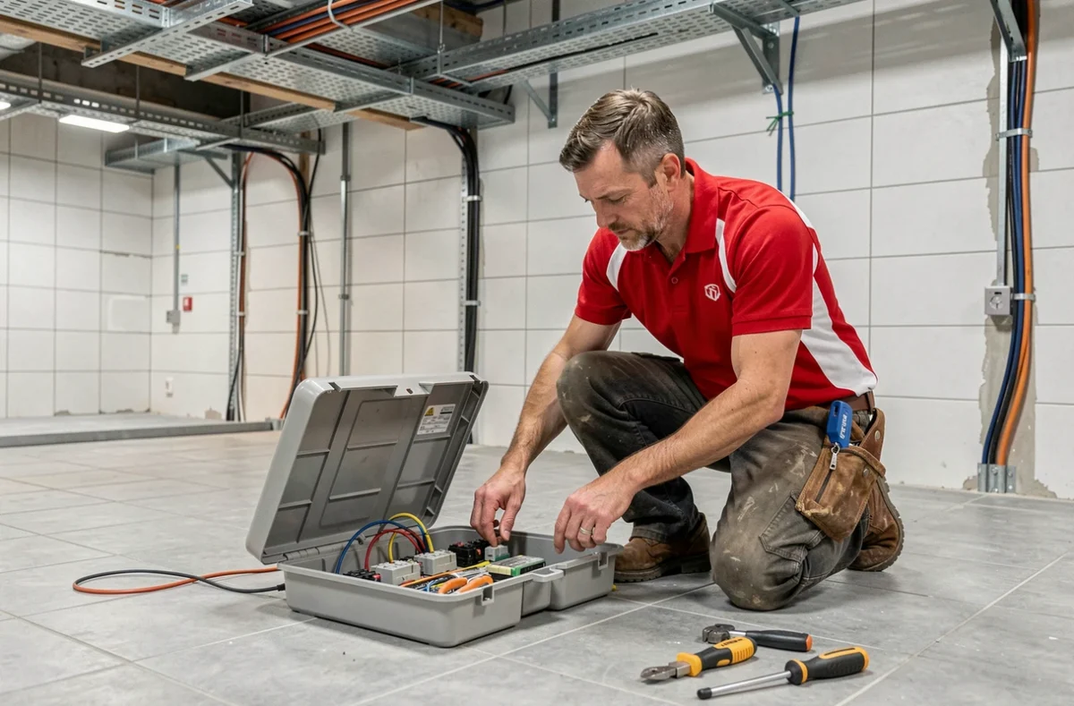 Électricien ABS Electricite intervenant sur un boîtier de jonction dans un local commercial brestois