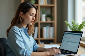 Femme accédant à son espace en ligne ANTS sur un ordinateur portable depuis son bureau à domicile