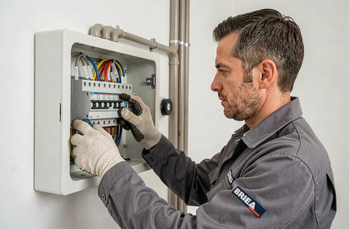 Technicien ACDV réalisant un câblage électrique sur un tableau de répartition résidentiel