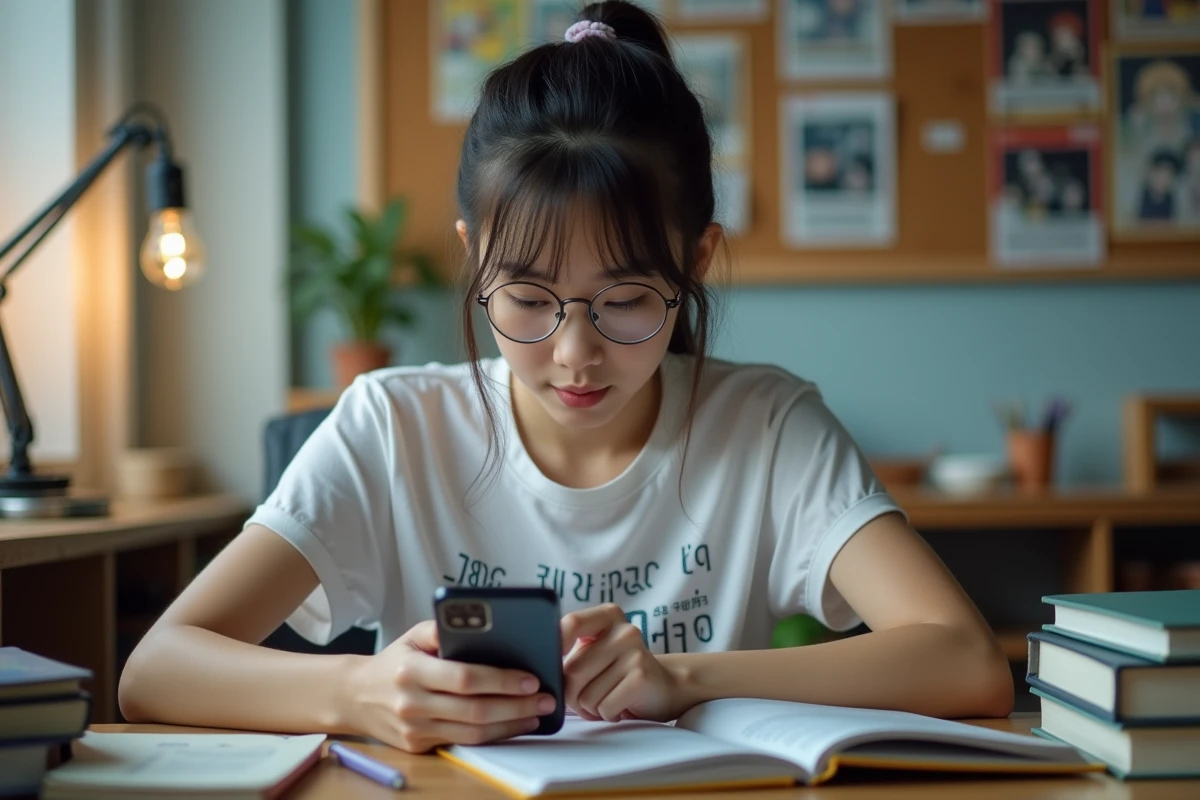 Adolescente lisant Blue Lock en scan VF sur son téléphone à son bureau d'étudiante