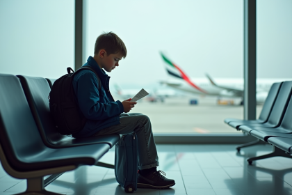 Jeune garçon assis seul à l'aéroport regardant son billet