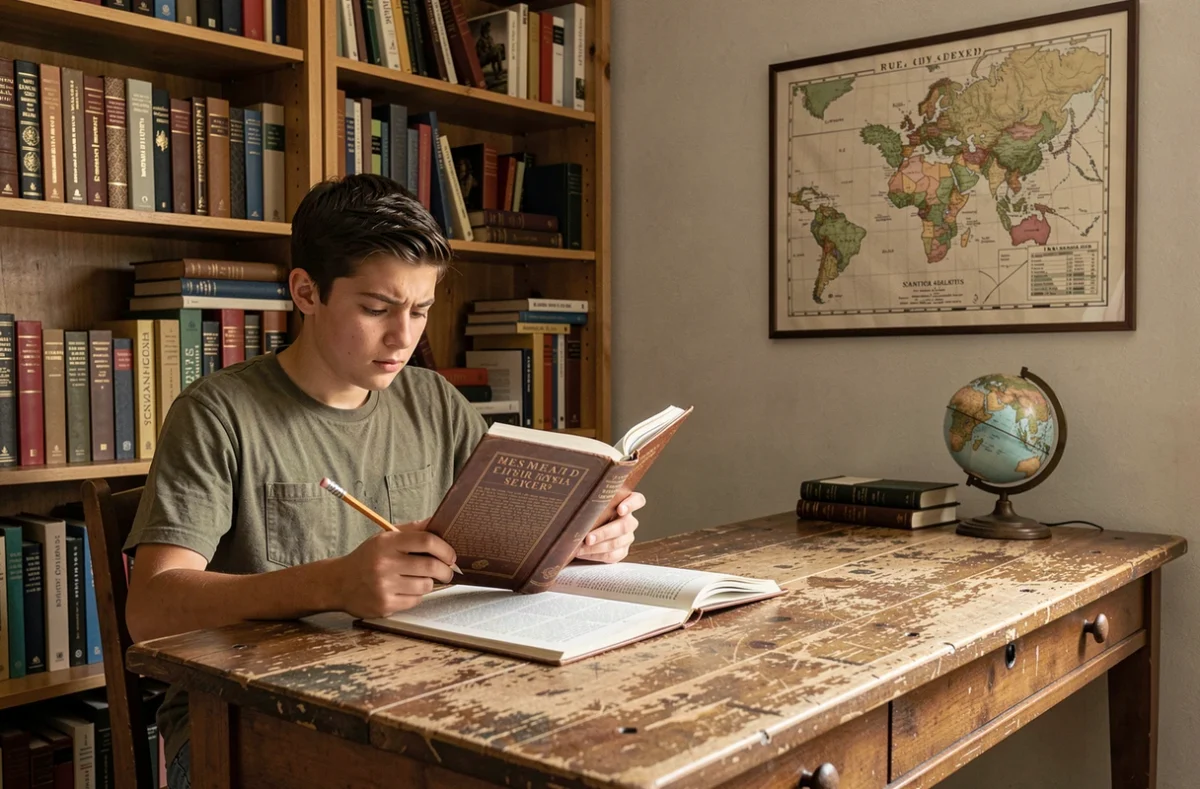 Adolescent studieux lisant un livre d'histoire militaire dans une bibliothèque familiale, évoquant la formation intellectuelle et la jeunesse d'un futur chef militaire français