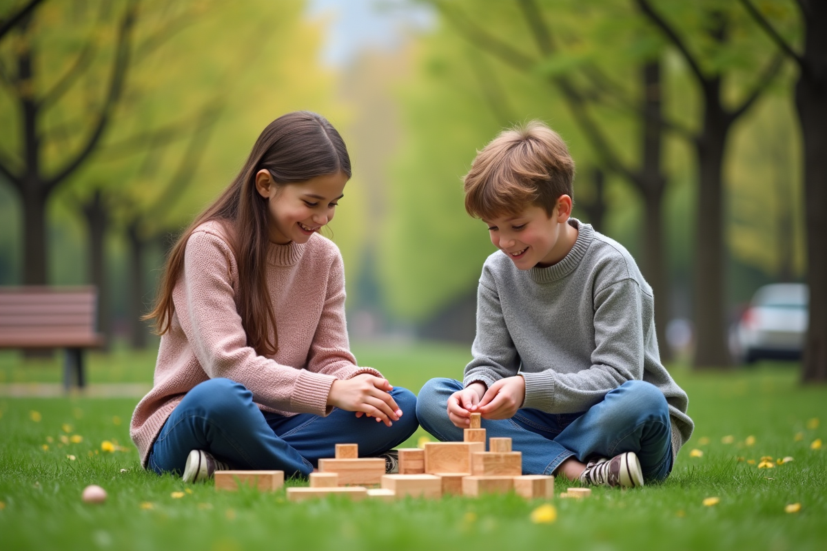 Adolescents résolvant un puzzle en plein air dans un parc