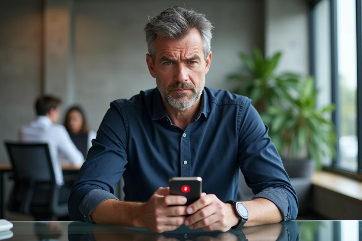 Homme dans un bureau moderne tenant un smartphone affichant une alerte de sécurité sur un site douteux