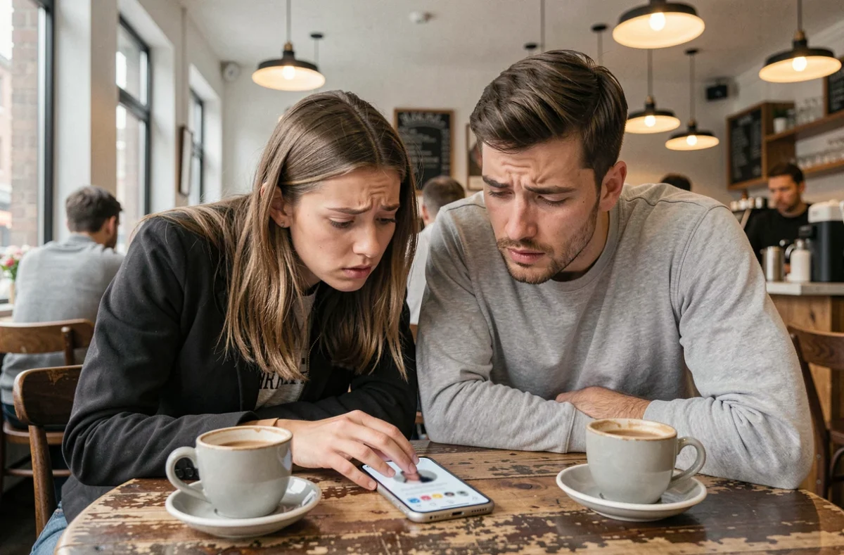 Deux amis dans un café qui regardent ensemble un profil Instagram indisponible sur un smartphone posé sur la table