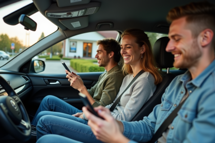 Trois amis dans une voiture utilisant une application de covoiturage