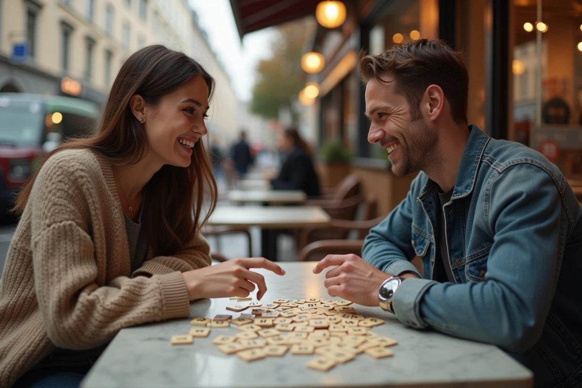 Deux amis jouant à un jeu de lettres avec des cartes pour former des anagrammes dans un café
