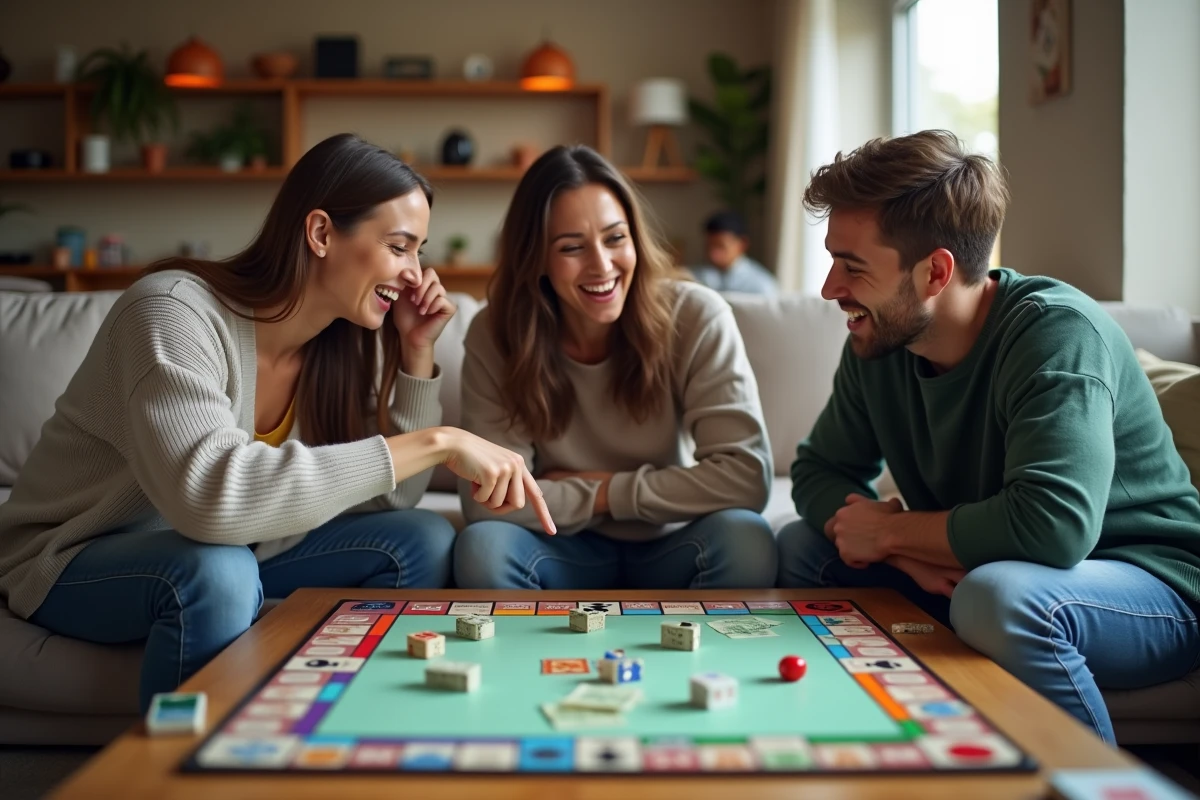 Groupe d'amis jouant au Monopoly autour d'une table de salon avec dés et billets