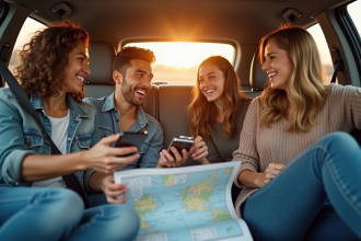 Quatre amis souriants dans une voiture en voyage