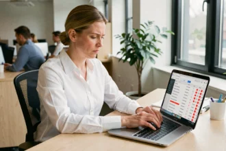 Femme en bureau analysant une liste d'adresses email avec des erreurs NPAI sur son ordinateur portable