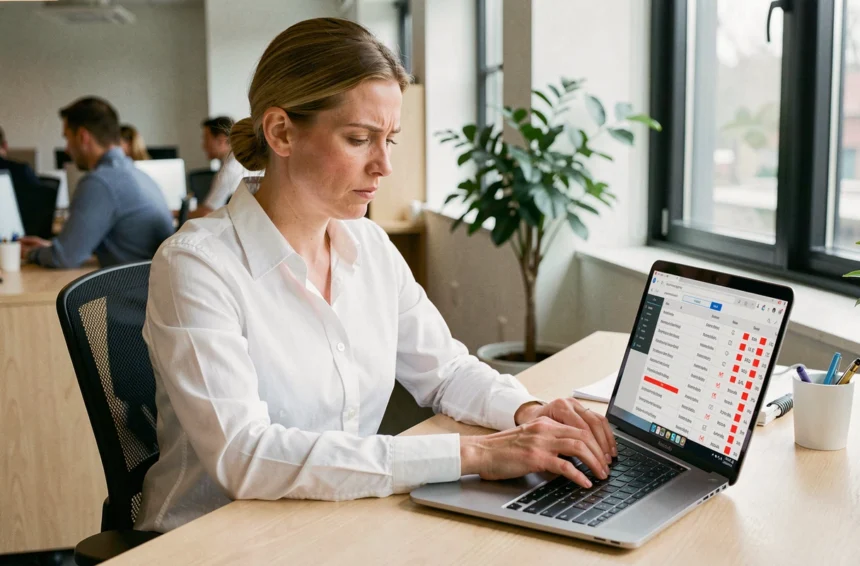 Femme en bureau analysant une liste d'adresses email avec des erreurs NPAI sur son ordinateur portable