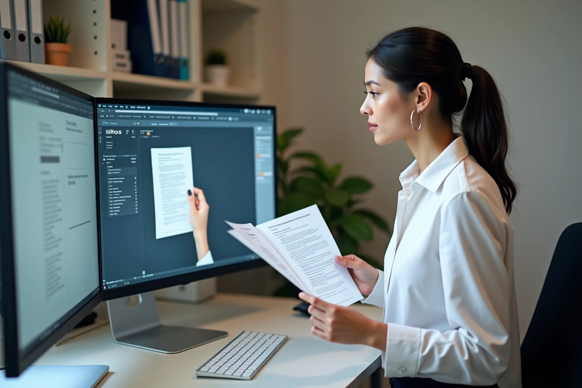 Femme analyste comparant des documents numérisés sur écran pour vérifier la qualité des scans Phénix Scan