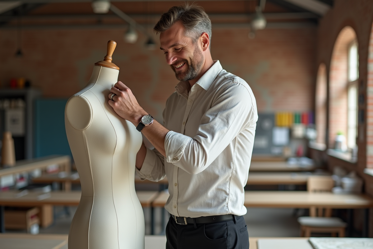 Homme middleaged pinçant du tissu sur un mannequin dans son atelier