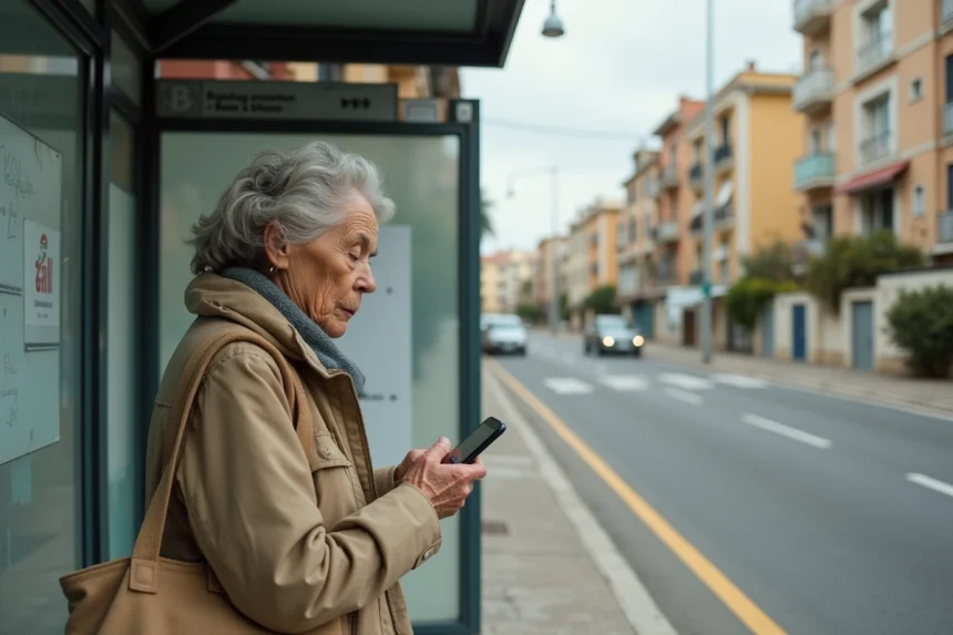 Femme attendant un bus dans un quartier nord de Marseille avec un abri dégradé et des immeubles en arrière-plan