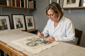 Experte en authentification examinant la signature d'une lithographie de Jean Bille avec une loupe dans un studio d'art