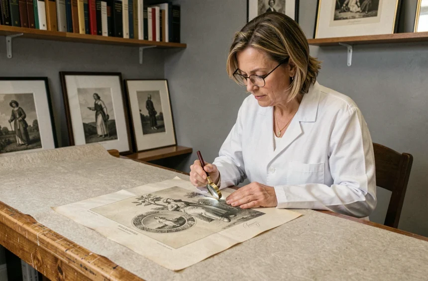 Experte en authentification examinant la signature d'une lithographie de Jean Bille avec une loupe dans un studio d'art