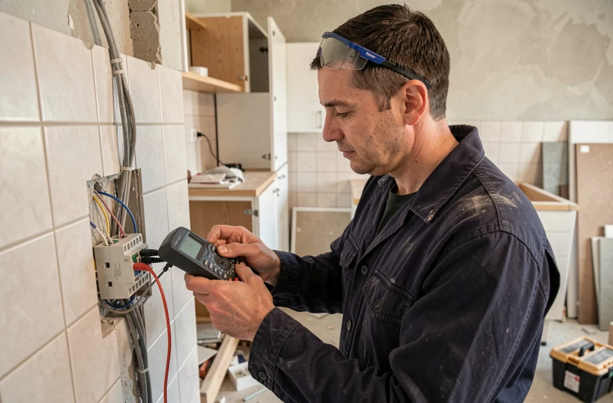 Électricien Avetissian Electricite testant des connexions électriques au multimètre dans une cuisine en rénovation à Brest