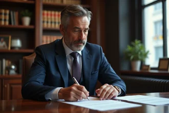 Avocat en costume navy dans son bureau professionnel