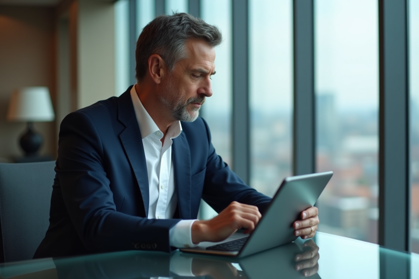 Banquier expert en costume bleu analysant des graphiques financiers