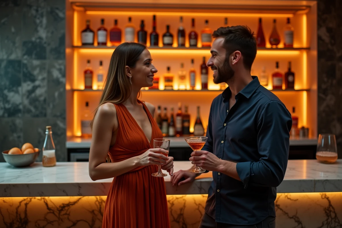 Une femme trentenaire élégante au bar d'une boîte de nuit marseillaise avec ambiance méditerranéenne