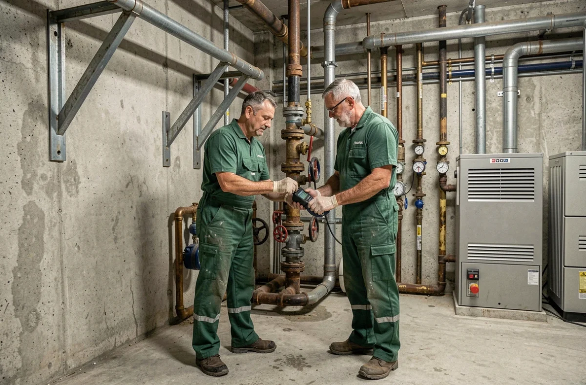 Deux techniciens de la SARL Boeuf Gilbert travaillant sur un réseau de plomberie et chauffage en Deux-Sèvres
