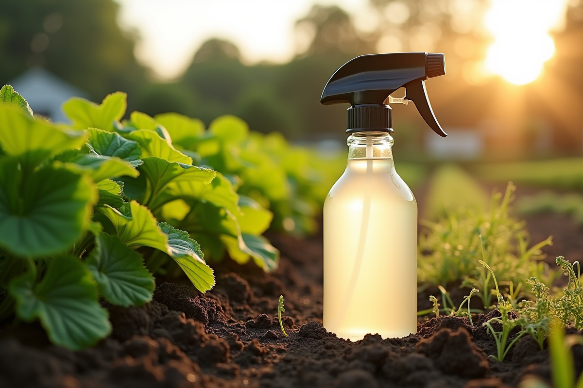 Bouteille de vinaigre étiquetée à côté de plantes vertes dans le jardin