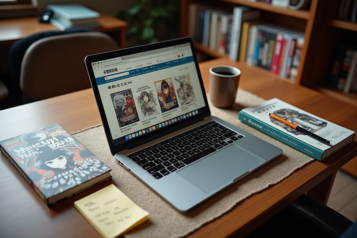Bureau avec ordinateur affichant un catalogue de mangas en ligne, volumes posés à côté pour comparer one-shot et série longue