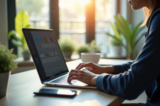 Personne organisant des dossiers numériques sur un bureau moderne