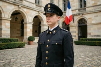 Jeune cadet militaire français en uniforme d'apparat dans la cour d'une académie militaire historique, illustrant la formation et la jeunesse d'un chef militaire