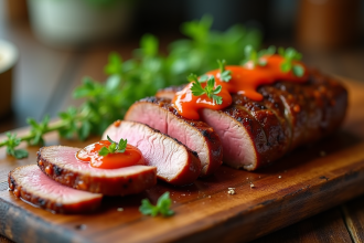Poitrine de canard rôtie tranchée sur planche en bois