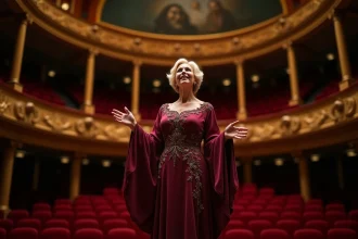 Cantatrice célèbre en robe bordeaux sur scène dans un opéra européen lors d'une répétition
