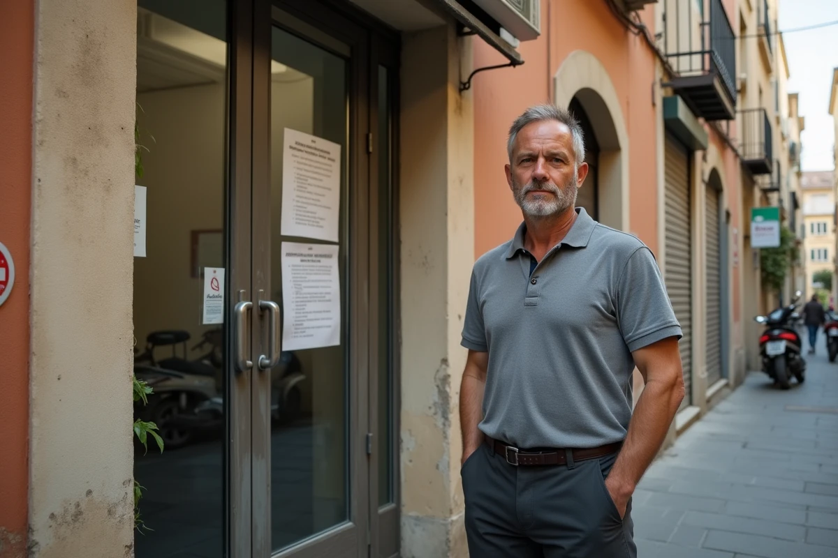 Homme devant un centre de santé de quartier fermé dans les quartiers nord de Marseille avec une affiche sur la porte