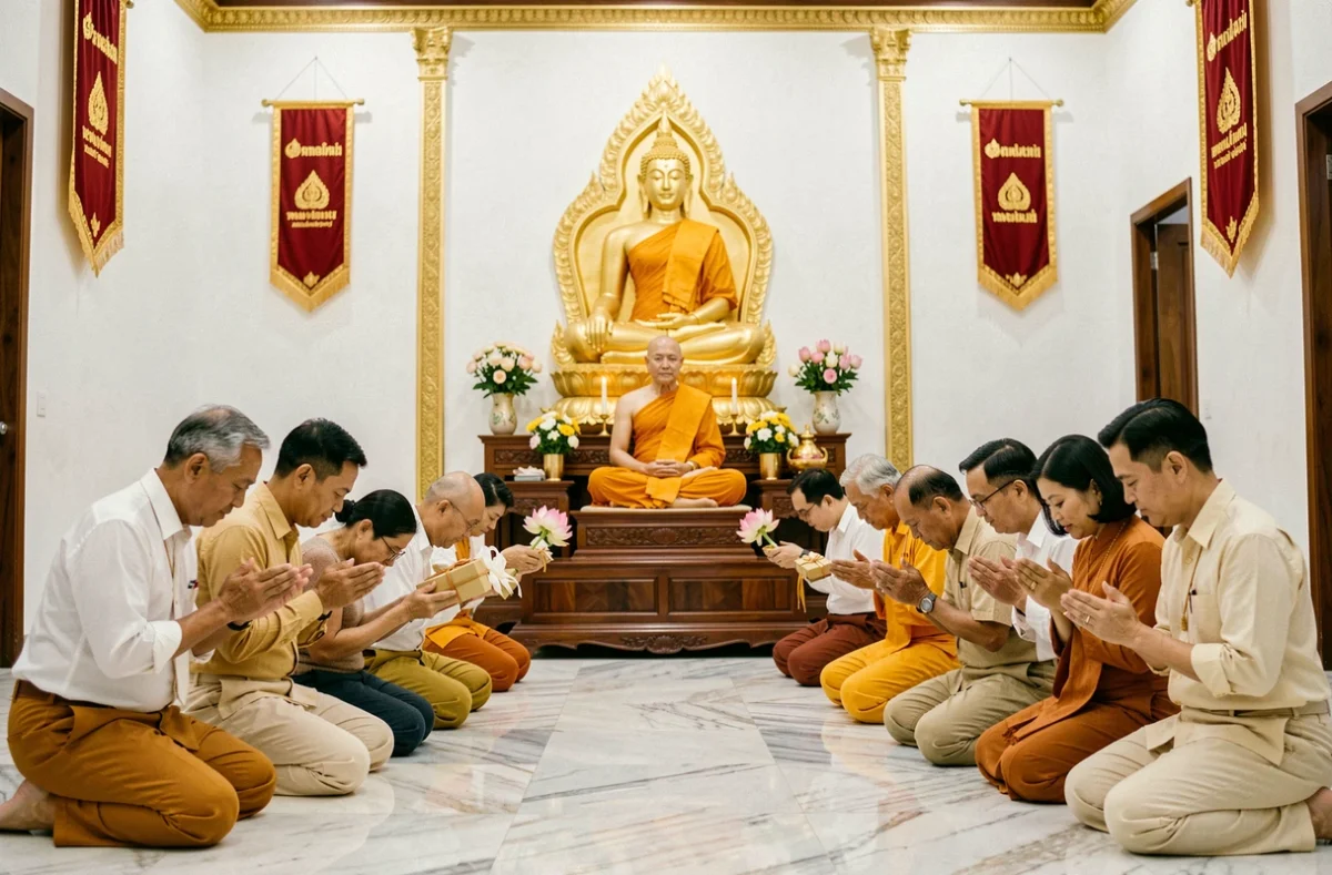 Fidèles thaïlandais offrant des fleurs de lotus à un moine Luang Por lors d'une cérémonie de respect traditionnelle dans un temple bouddhiste contemporain