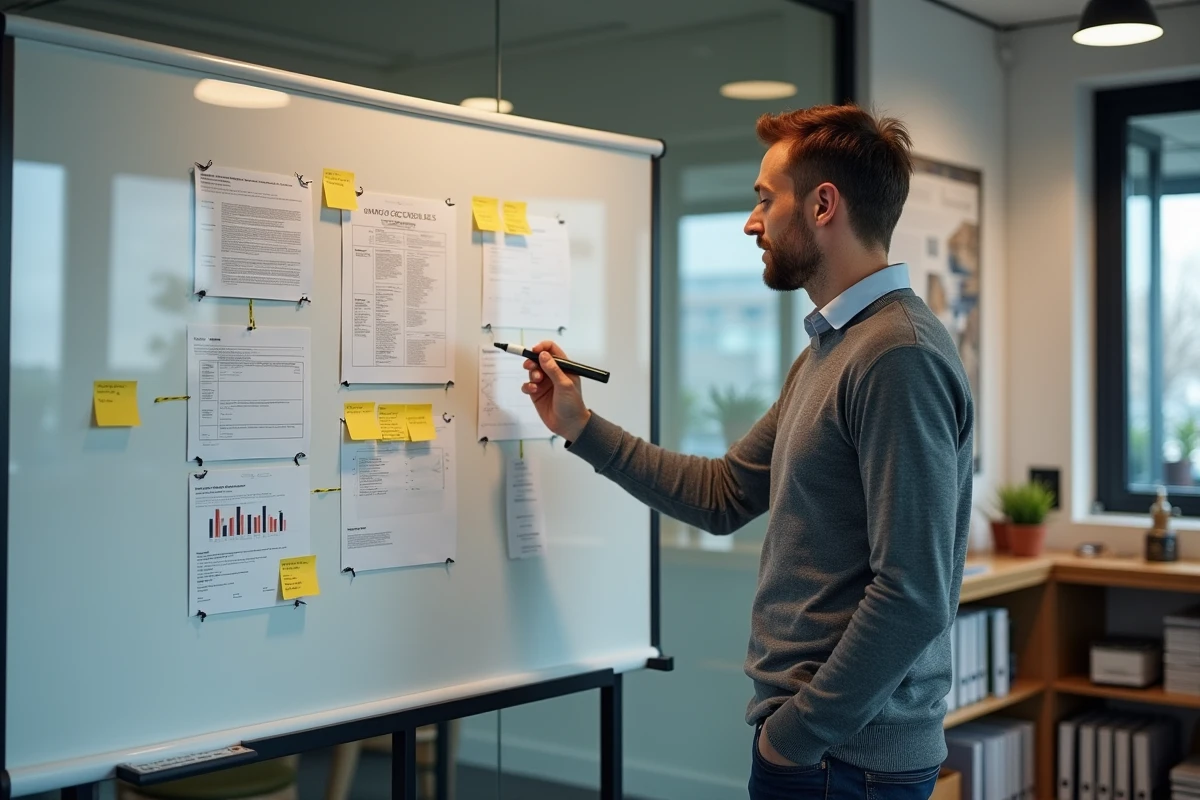 Chef de projet masculin présentant une feuille de route de certification qualité sur un tableau blanc dans un bureau style startup