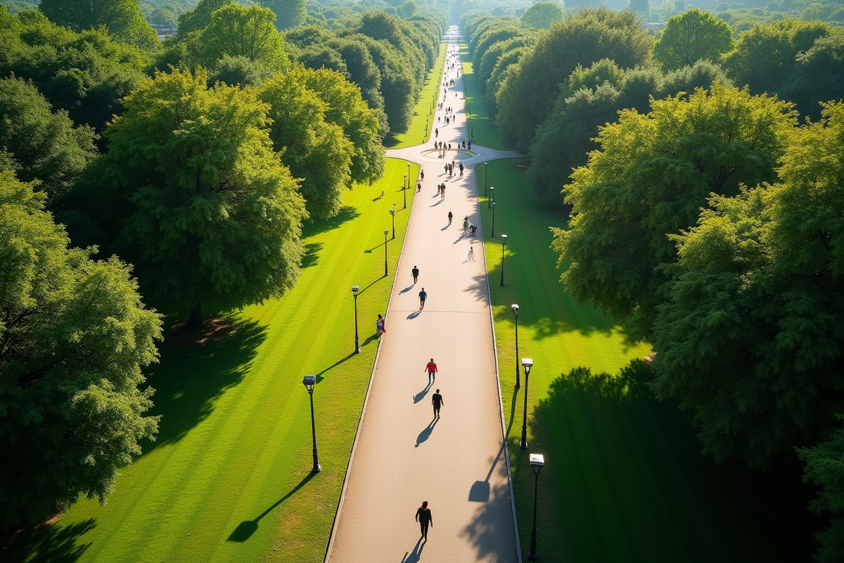 Vue plongeante d’un sentier dans un parc vert avec des promeneurs