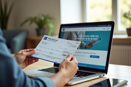 Main tenant un cheque et un ordinateur portable sur site professionnel