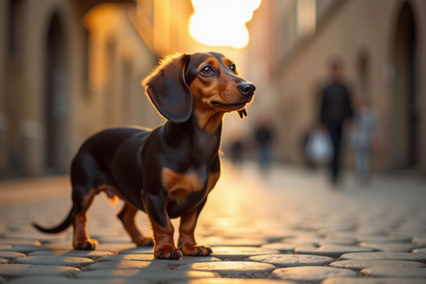 Kaninchen Dachshund sur des pavés anciens au matin