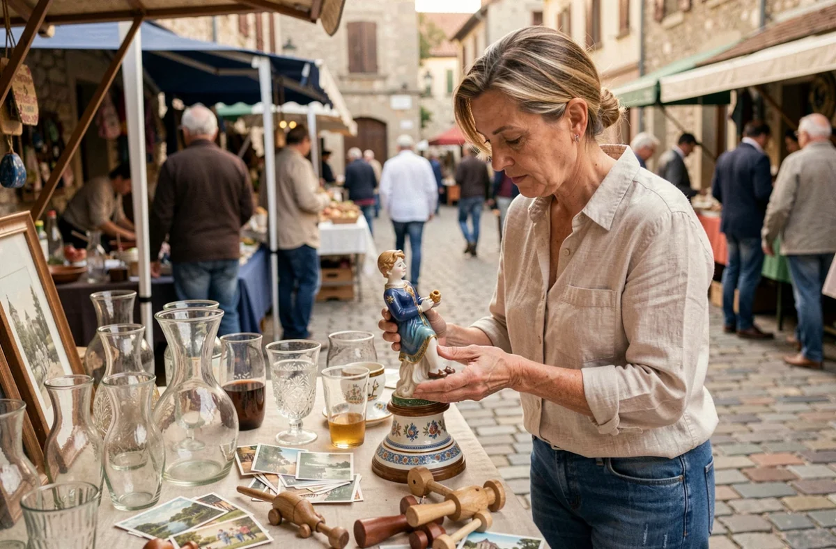 Femme chinant et examinant des objets anciens sur un stand de vide-greniers dans le Sabradou 59 nord
