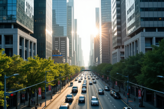 Vue d'une ville dynamique avec gratte-ciel et avenues arborées