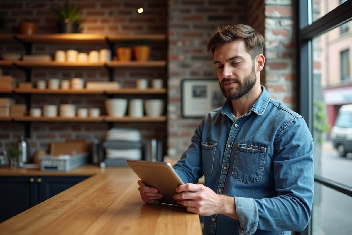 Homme vérifiant documents ecg dans sa boutique lumineuse