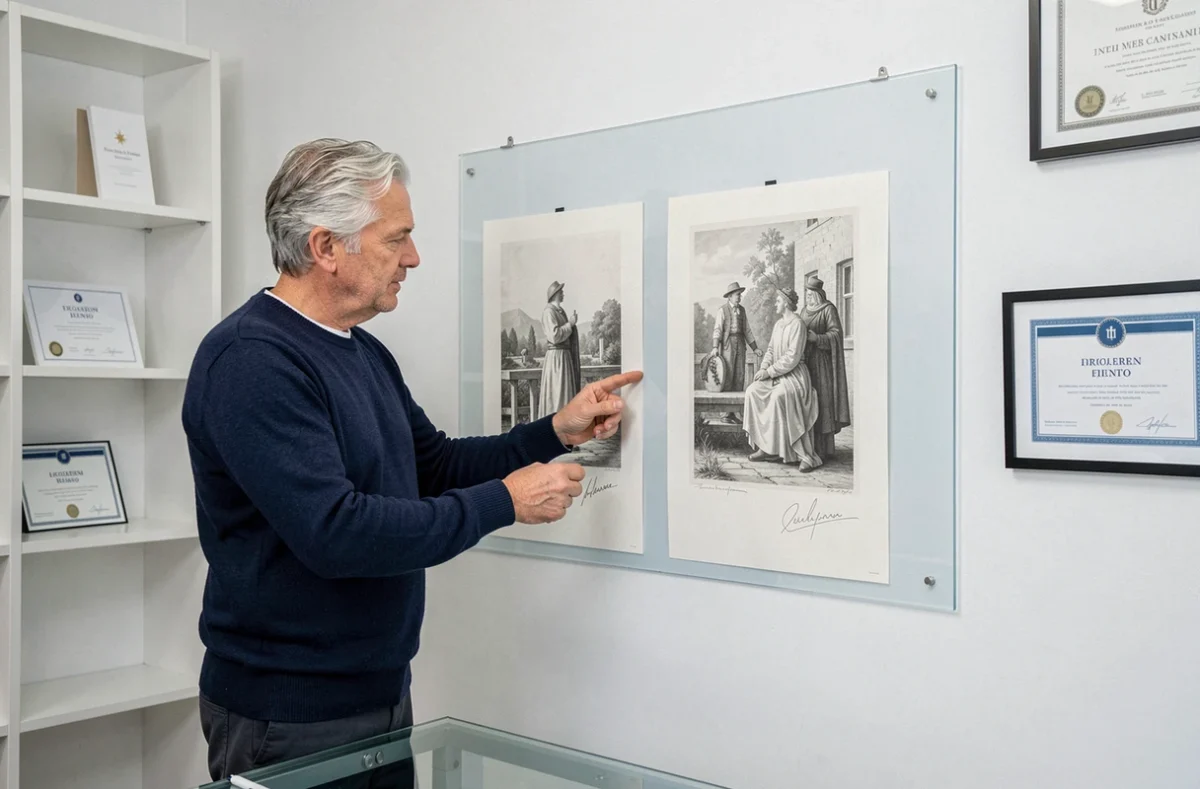 Expert comparant deux lithographies de Jean Bille pour authentifier la signature au crayon dans un bureau d'art professionnel