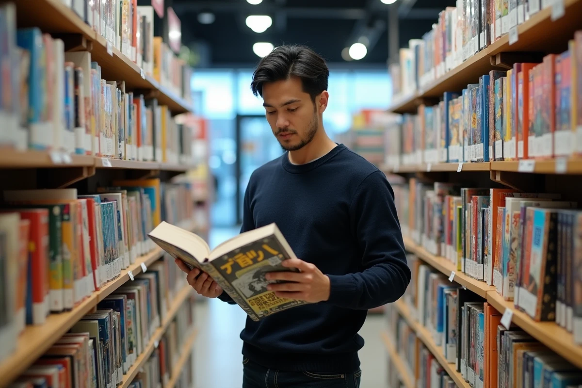 Homme comparant un manga one-shot et une longue série dans le rayon manga d'une librairie
