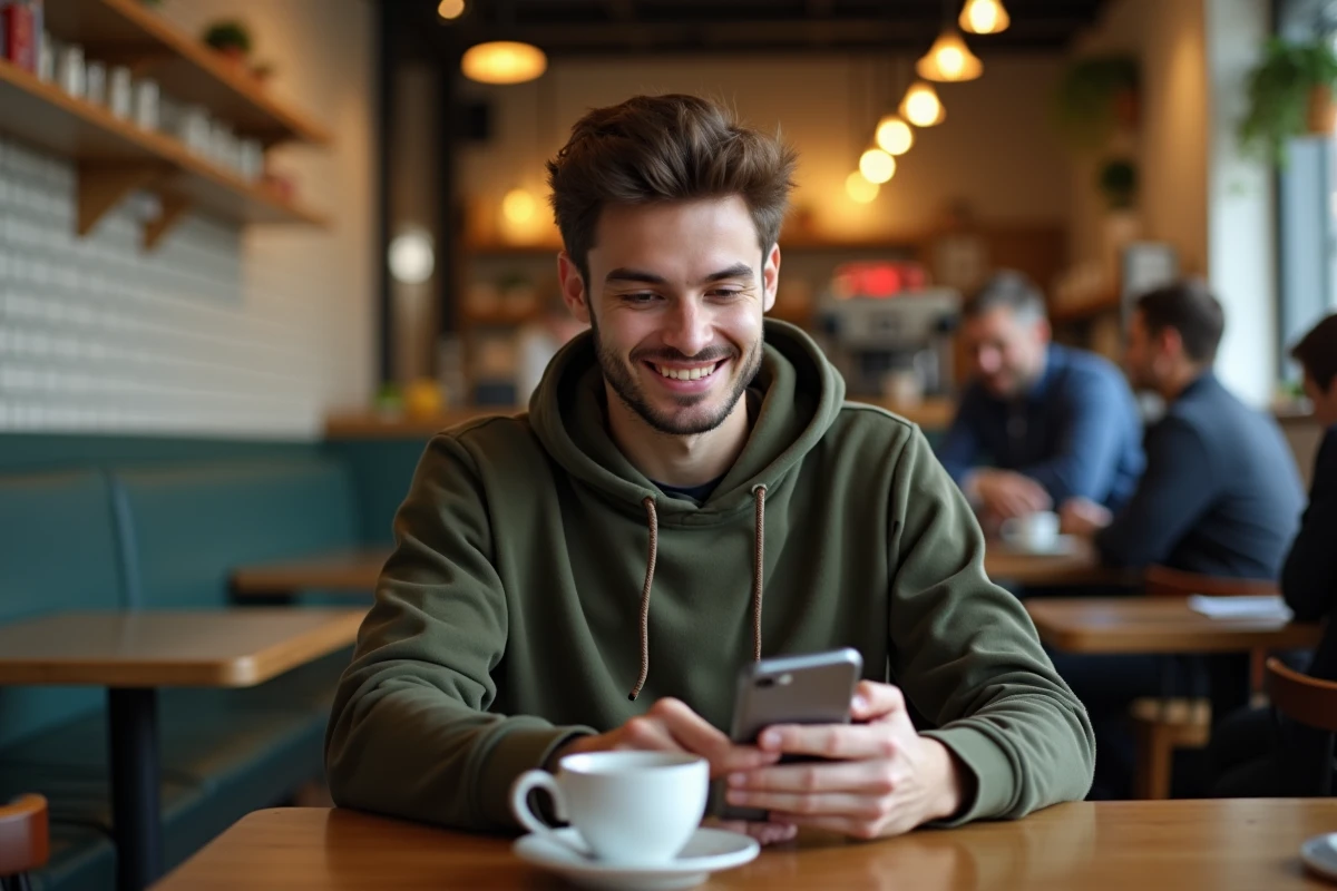 Jeune homme consultant son espace personnel ANTS sur smartphone dans un café urbain