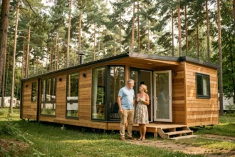 Couple découvrant un mobil-home moderne aux grandes baies vitrées dans un camping entouré de pins