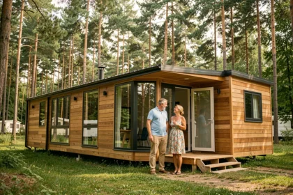 Couple découvrant un mobil-home moderne aux grandes baies vitrées dans un camping entouré de pins