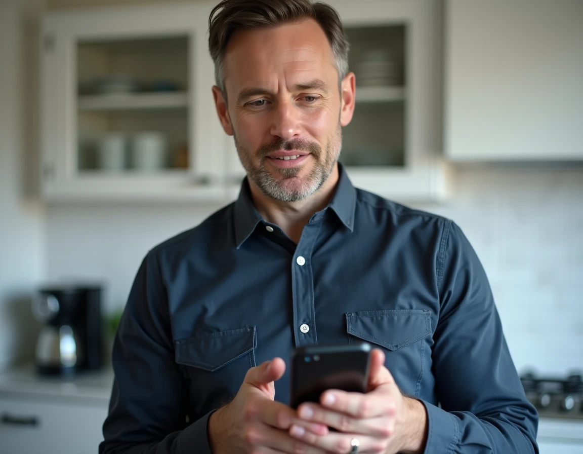 Homme consultant un annuaire inversé sur smartphone dans une cuisine moderne