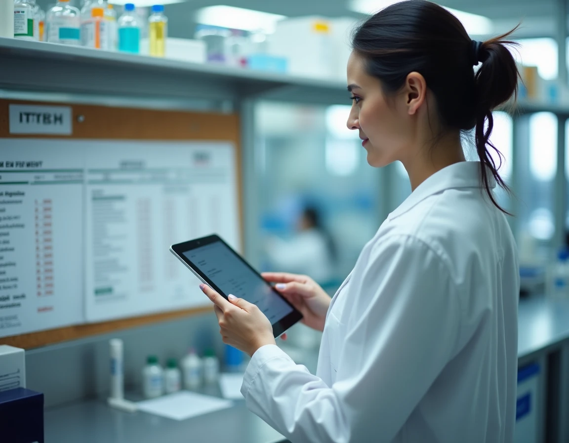 Femme en blouse blanche contrôlant des résultats PPM sur une tablette numérique dans un laboratoire scientifique