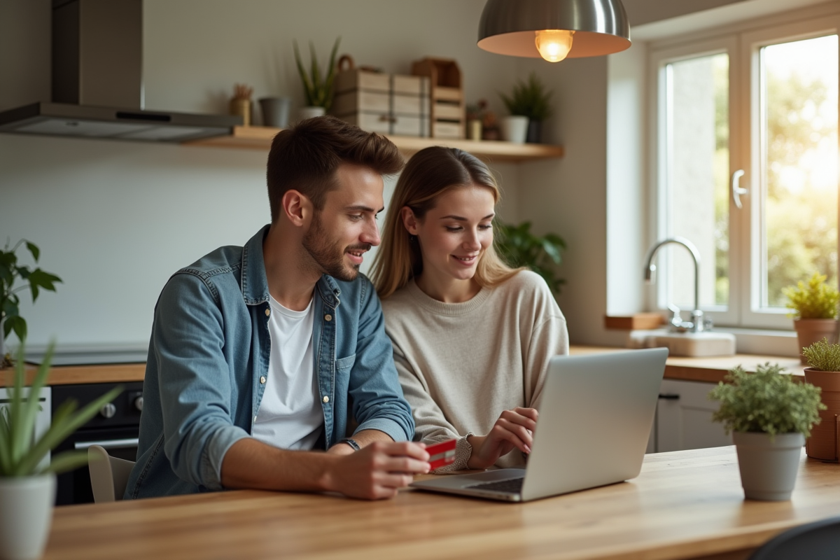 Jeune couple finalisant un paiement immobilier à la maison