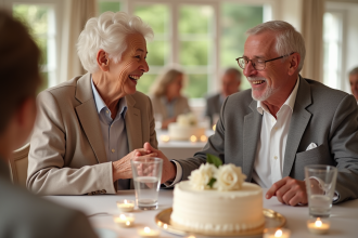 Couple agee souriant lors d'un anniversaire élégant